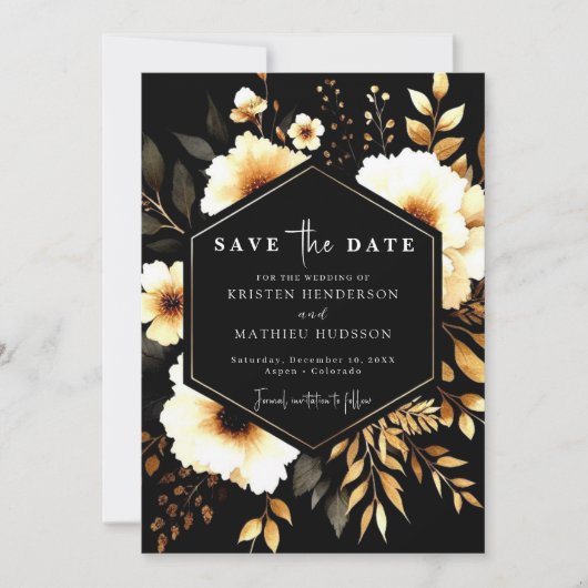 Aangepaste rustieke gouden en zwarte bruiloft save the date (Voorkant)