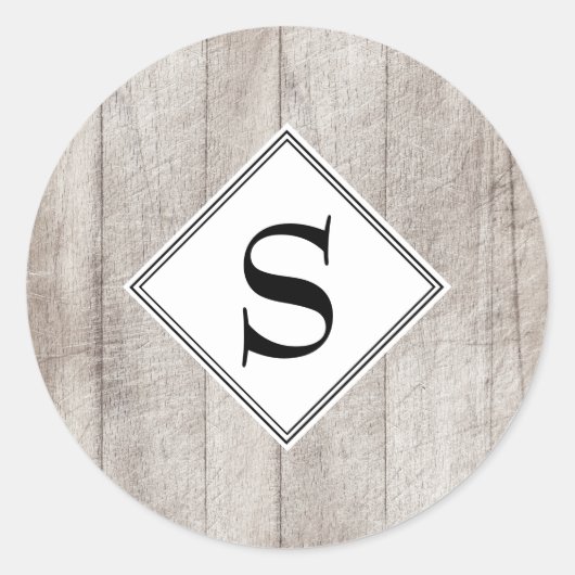 Aangepaste Rustieke Grijze Houten Monogrammering E Ronde Sticker (Voorkant)