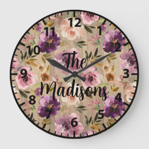Aangepaste Rustieke Houten Bloemen Elegante Paarse Grote Klok