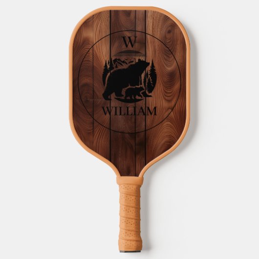 Aangepaste Rustieke Houten Textuur & Beer Monogram Pickleball Paddle (Voorkant)