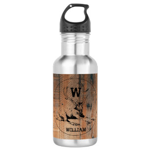 Aangepaste Rustieke Houtstructuur & Hert Monogram Waterfles