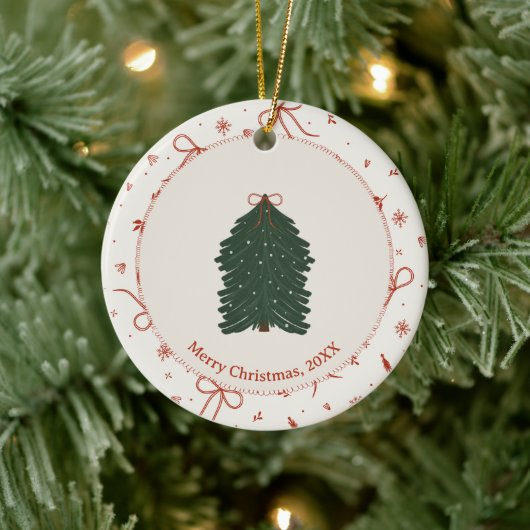 Aangepaste Rustieke Pijnboom Rood Groen Keramisch Ornament (Boom)