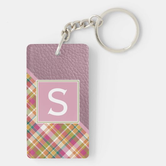 Aangepaste rustieke roze groene streep geruite pat sleutelhanger (achterkant)