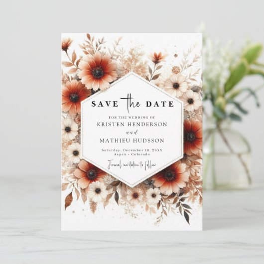 Aangepaste rustieke terracotta bruiloft save the date (Staand voorkant)