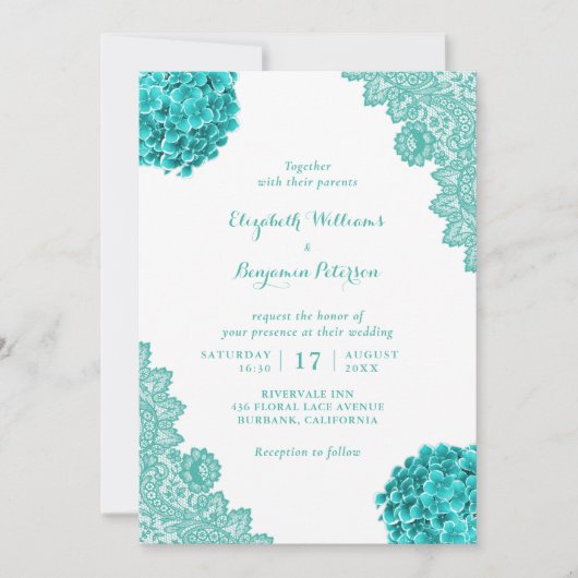 Aangepaste Rustieke Turquoise Hydrangea Lace Weddi Kaart (Voorkant)