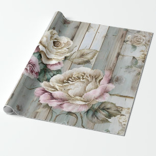 Aangepaste Rustieke Vintage Roos en Houten Planken Cadeaupapier