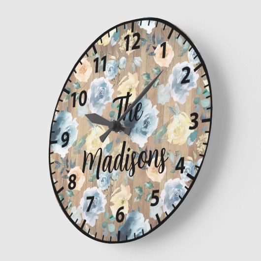 Aangepaste Rustige houten bloemen Blauw crème Grote Klok (Hoek)