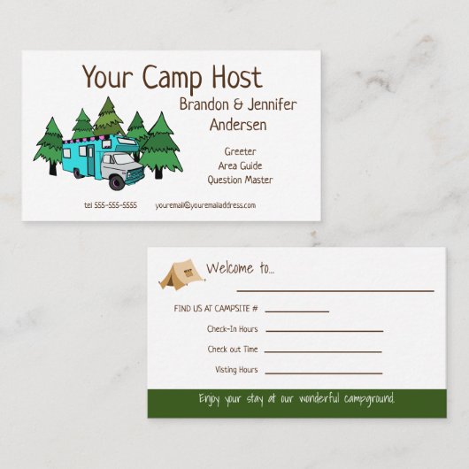 Aangepaste RV Camp Host | Visitekaartje voor kampe (Voorkant / Achterkant)