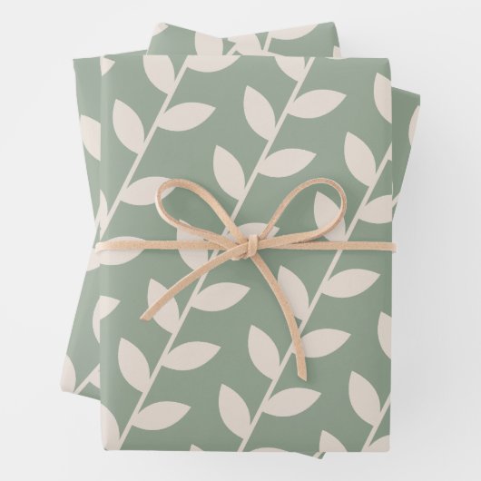 Aangepaste Sage Green 70s Retro Leaf Patroon Inpakpapier Vel (In situ)