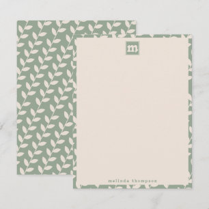 Aangepaste Sage Green 70s Retro Leaf Patroon Monog Notitiekaartje