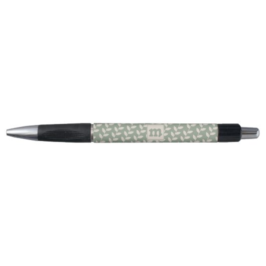 Aangepaste Sage Green 70s Retro Leaf Patroon Monog Pen (Voorkant)