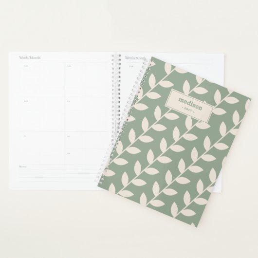Aangepaste Sage Green 70s Retro Leaf Patroon Monog Planner (Display)
