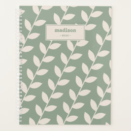 Aangepaste Sage Green 70s Retro Leaf Patroon Monog Planner