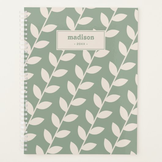 Aangepaste Sage Green 70s Retro Leaf Patroon Monog Planner (Voorkant)