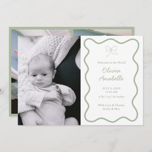 Aangepaste Sage Green Bow Wavy Boho Collage Baby G Aankondiging (Voorkant / Achterkant)
