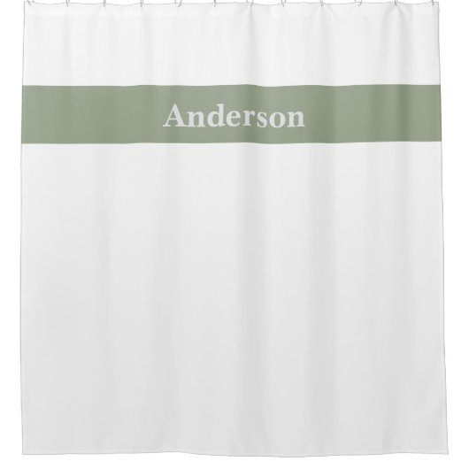 Aangepaste Sage Groen en Wit Achternaam Douchegordijn (Voorkant)