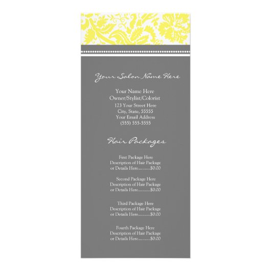 Aangepaste Salon Rack Cards Geel Grijze Damask Reclamekaart (Voorkant)