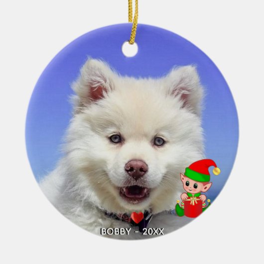 Aangepaste Samojeed hondenfoto met knuffel elf Keramisch Ornament (Voorkant)