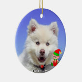 Aangepaste Samoyed Dog Foto met Cute Elf Keramisch Ornament (Rechts)
