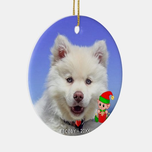 Aangepaste Samoyed Dog Foto met Cute Elf Keramisch Ornament (Rechts)