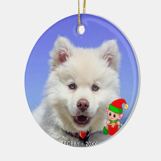 Aangepaste Samoyed Dog Foto met Cute Elf Keramisch Ornament (Links)
