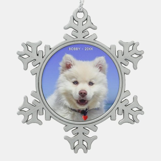 Aangepaste Samoyed-hond foto Tin Sneeuwvlok Ornament (Voorkant)