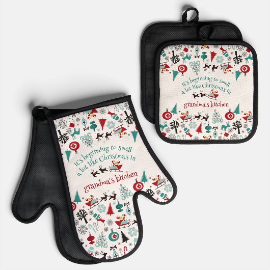 Aangepaste Santa Claus Sleigh Reindeer Ornaments M Ovenwant & Pannenlap Set