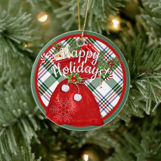 Aangepaste Santa Gift Bag op rood groen geruite pa Keramisch Ornament (Boom)