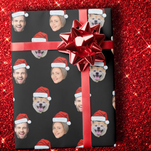 Aangepaste Santa Hat Face 3 foto's Zwart Cadeaupapier