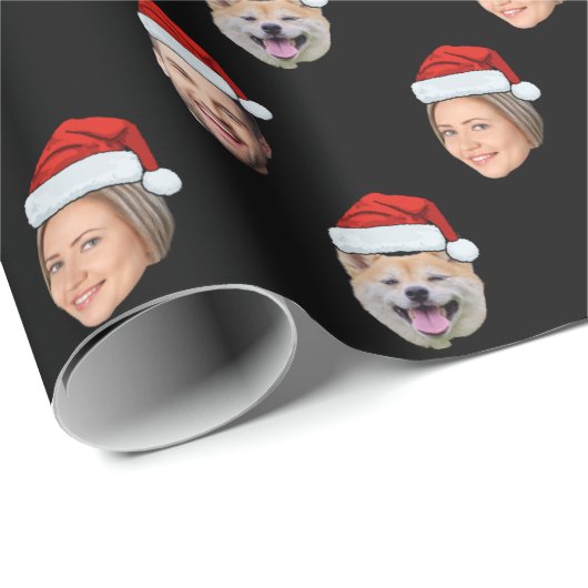 Aangepaste Santa Hat Face 3 foto's Zwart Cadeaupapier (Rol Hoek)