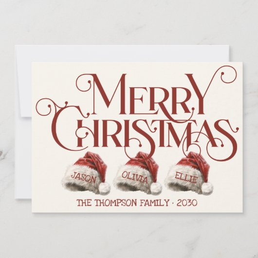 Aangepaste Santa Hat familie van 3 rode vrolijke k Feestdagenkaart (Voorkant)