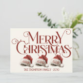 Aangepaste Santa Hat familie van 3 rode vrolijke k Feestdagenkaart (Staand voorkant)