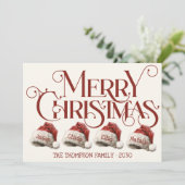 Aangepaste Santa Hat familie van 4 rode vrolijke k Feestdagenkaart (Staand voorkant)