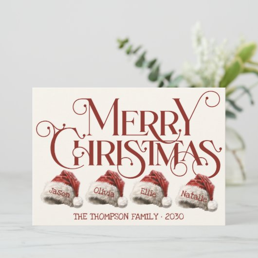 Aangepaste Santa Hat familie van 4 rode vrolijke k Feestdagenkaart (Staand voorkant)