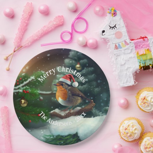 Aangepaste Santa Robin op een kerstboom servetten Papieren Bordje (Feest)