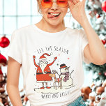Aangepaste Santa Snowman Rendier Star Christmas Hy T-shirt<br><div class="desc">Vier het seizoen in stijl met dit t-shirt voor de feestdagen van vrouwen, met een speelse illustratie van de kerstman, een sneeuwpop en een rendier omringd door twinkelende sterren. De kerstman zwaait met feestelijke flair, de sneeuwman heeft een hoge hoed en sjaal, en het rendier voegt een pop van charme...</div>
