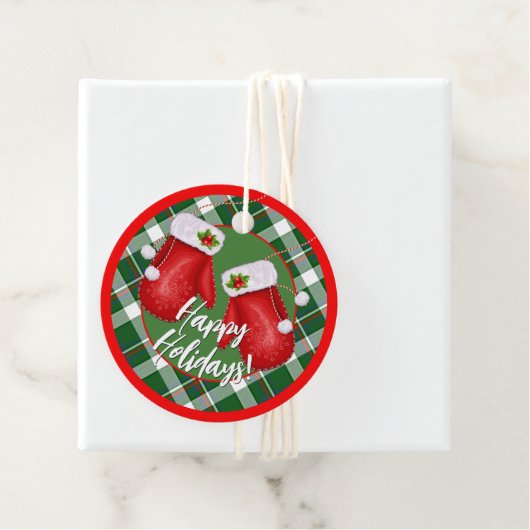 Aangepaste Santas Mittens op rood groen spelpatroo Bedankjes Labels (In situ)