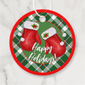 Aangepaste Santas Mittens op rood groen spelpatroo Bedankjes Labels (Voorkant)