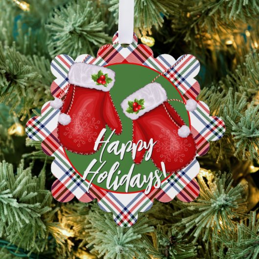 Aangepaste Santas Mittens op rood groen spelpatroo Ornament Kaart (Insitu (Drie))