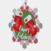 Aangepaste Santas Mittens op rood groen spelpatroo Ornament Kaart (Links)