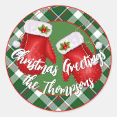 Aangepaste Santas Mittens op rood groen spelpatroo Ronde Sticker (Voorkant)