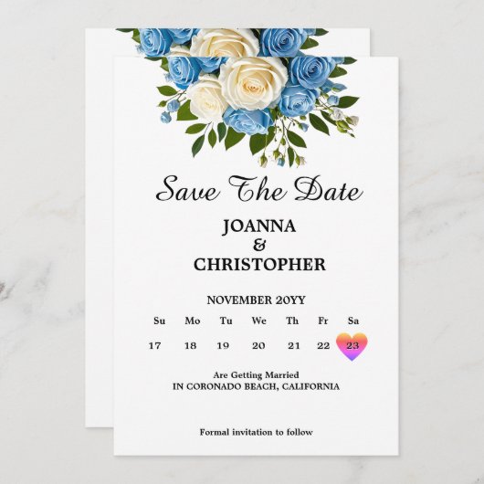 Aangepaste Save the Date met blauwe en witte rozen (Voorkant / Achterkant)