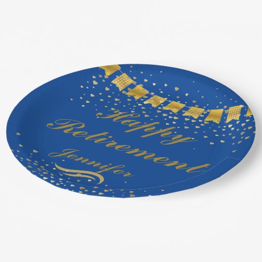 Aangepaste Schattige Blauw en goud Happy Retiremen Papieren Bordje (Gekanteld)