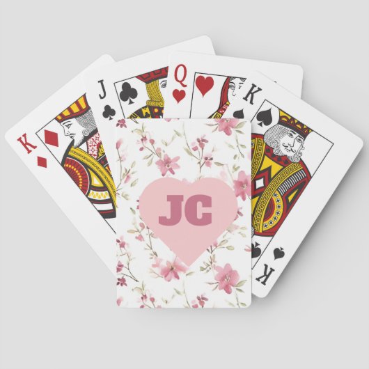 Aangepaste Schattige Chic Love Monogram Roze Bloem Pokerkaarten (Achterkant)
