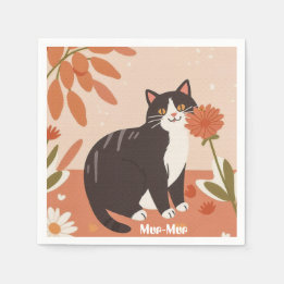 Aangepaste schattige gelukkige kat met lente bloem servet