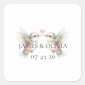 Aangepaste Schattige Hummingbird Heart Wedding Vierkante Sticker (Voorkant)