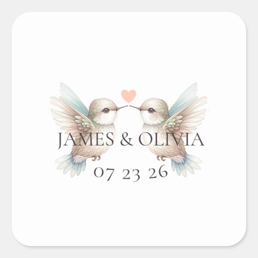 Aangepaste Schattige Hummingbird Heart Wedding Vierkante Sticker (Voorkant)