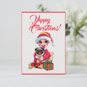 Aangepaste Schattige Pug Dog Met Meisje Xmas Kaart (Staand voorkant)