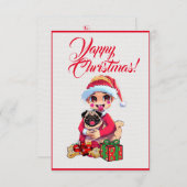 Aangepaste Schattige Pug Dog Met Meisje Xmas Kaart (Voorkant / Achterkant)
