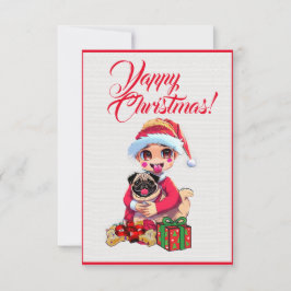 Aangepaste Schattige Pug Dog Met Meisje Xmas Kaart